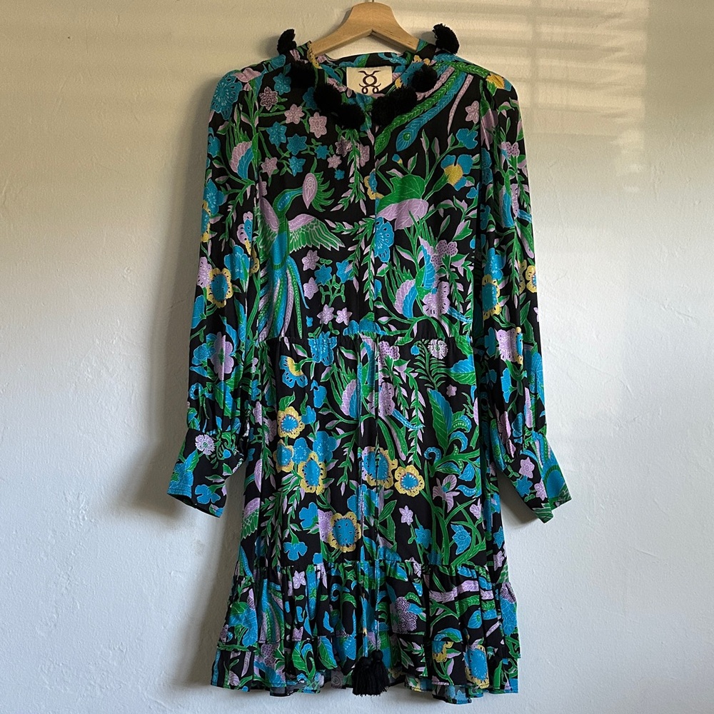 Figue Vibrant Floral Long Sleeve Dress with tassels and tie waist. Size small
